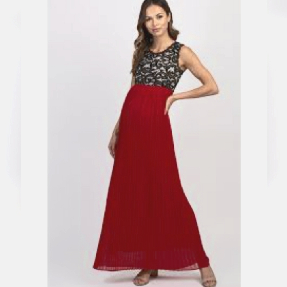 Pinkblush Red Black Pleated Chiffon Black Lace Maxi Dress Size S